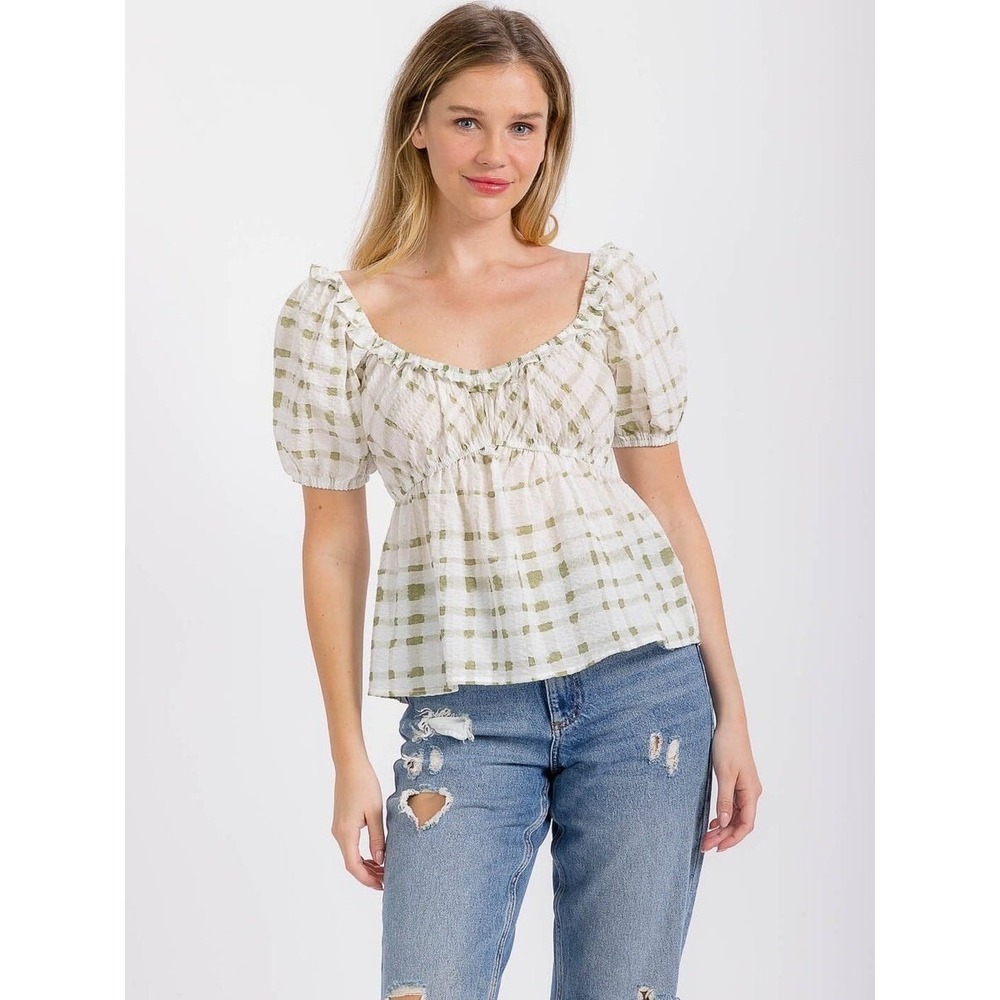 Promesa Sage Greenā Gingham Seersucker Puff Sleeve Babydoll Top NWT Medium